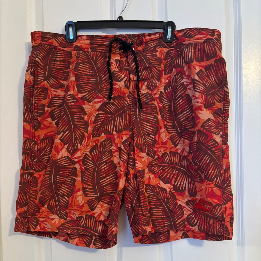 Tommy Bahama - Red and Orange Leaf Print Swim Shorts. Size XL. Cotton/Nylon
